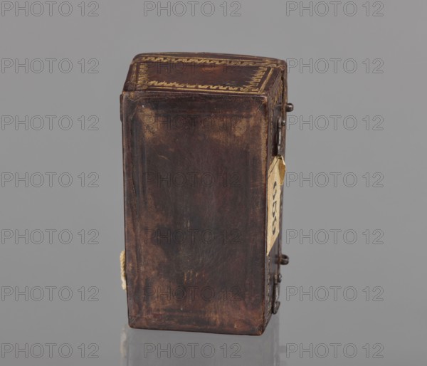 Case for a stamp, bookbinding, embossing; leather case in the form of a chest slightly widened at the top with an external hinge slightly convex; covered with leather with gold-embossed decoration stripes and zigzag lines at the edges; on the lid, flowers with stems at the edge and one in the center; interior lined with pink satin; 2nd half of the 18th century, Poland ; case; height 3.5 cm, width 7.8 cm, A rectangular leather-covered box in dark brown with worn areas and lighter brown scuffs sits upright on a neutral gray surface against a gray background, showing a decorative gold border along the top edge, metal hinge hardware and a small torn piece of yellowed material attached to one side, with subtle reflections beneath it.