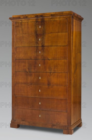 Chiffonier, Biedermeier style, 1820–1830, Central Europe possibly Silesia, piece of furniture storage piece, height 170.3 cm, width 101.3 cm, depth 52 cm, A tall wooden chest with a warm brown finish stands against a plain gray background; its front shows a series of horizontal drawer fronts with subtle wood grain patterns and darker streaks, and a few small keyhole-shaped metal insets running down the center; the chest has a simple molded top and a stepped base with short square feet, and the sides display similar brown wood tones with visible grain and some darker knots.