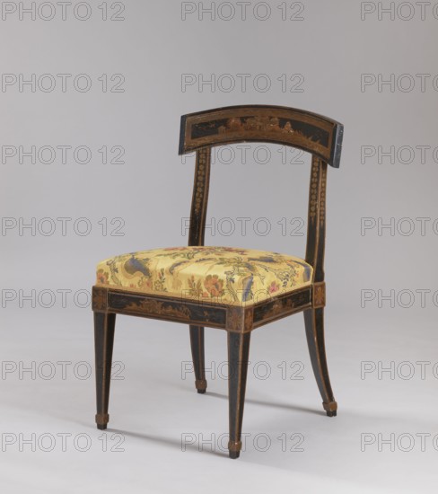 Chair, chinoiserie, flowers, rosettes ornament, floral decoration, classicism style, chinoiserie. CHAIR with a padded seat covered with imitation black lacquer. Supported by four angular, tapering legs with glides, the rear legs arching outward. The seat is roughly square in shape, with high upholstery on springs. Openwork backrest with a top board arched along the back line. Decoration painted yellow, locally applied to an extruded base — on the frame and the top board of the backrest with plant and landscape motifs, and on the ankles above the legs with butterflies and rosettes. Garlands of small flowers adorn all surfaces of the backrest stiles. Flowers adorn the back of the backrest board and rear frame. The front frame of the backrest board is edged with a zigzag pattern; the slats frame the frame reserves; the edges of the frame and the bands forming the feet of the legs are painted gold. Seat upholstered in red synthetic fabric, finished with upholstery tape. Circa 1800, Italy, ...