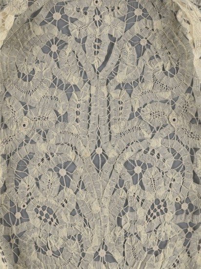 Bodice, lace, bodices, women's clothing, fashion. In a pattern of rosettes connected by large spiders and heads. Pattern of stylized floral motifs. 19th century, France. Clothing accessory. Height 36 cm, circumference 63 cm., A close-up of a lace fabric with an intricate openwork pattern showing floral and geometric motifs in a pale cream color against a muted gray background.