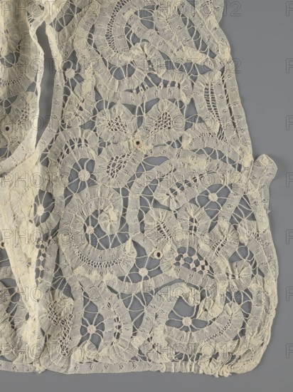 Bodice, lace, bodices, women's clothing, fashion. In a pattern of rosettes connected by large spiders and heads. Pattern of stylized floral motifs. 19th century, France. Clothing accessory. Height 36 cm, circumference 63 cm., A close-up view of an ornate textile with an openwork lace pattern showing a group of swirling and floral motifs connected by fine netted threads, with several circular rosettes and rounded openings integrated into the design; the fabric appears delicate with varied stitch textures and scalloped edges, and the visible colors are off-white and gray.