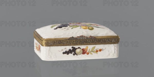 Snuffbox tin, Koenigliche Porzellan Manufaktur KPM; Berlin; 1763–1918, ca. 1765–1770. Snuffbox in the form of a rectangular box with a slightly arched lid, framed in gilded bronze, with a plant ornament around the outer edge of the lid and a lock, on hinges. Around the edge of the lid and the side walls there is a relief with rocaille and floral motifs. On the lid, the bottom of the base and each side wall are painted with colorful fruit and floral compositions including blackcurrant, fig, mirabelle plum or redcurrant and plums. Inside the lid is a painted composition of a bouquet of flowers in a cup-shaped brown vase on a stone tabletop with fruit and a sprig of raspberry flowers; on the edge of the tabletop a small bird sparrow? nibbling a leaf, and above two butterflies flying. Porcelain haberdashery snuffbox. Dimensions: height 3.2 cm; width 8.3 cm; depth 6 cm. Origin: Berlin, Germany., A small rectangular decorative box sits on a flat surface, shown from a low front angle, with a ...