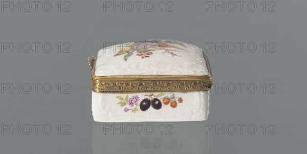 Snuffbox tin, Koenigliche Porzellan Manufaktur KPM; Berlin; 1763–1918. Snuffbox in the form of a rectangular box with a slightly arched lid, framed in gilded bronze, with a plant ornament around the outer edge of the lid and a lock, on hinges. Around the edge of the lid and the side walls of the tin is a relief with rocaille and floral motifs. On the lid, the base of the interior and each side wall: polychrome fruit and floral compositions including blackcurrant, fig, mirabelle plum or redcurrant, and plums. Inside the lid: polychrome composition of a bouquet of flowers in a cup-shaped brown vase on a stone tabletop with fruit and a sprig of raspberry flowers; on the tabletop edge a small bird sparrow? nibbling a leaf, and two butterflies flying above. Ca. 1765–1770. Germany, Berlin. Porcelain haberdashery snuffbox. Height 3.2 cm; width 8.3 cm; depth 6 cm., A small rectangular white ceramic box with a hinged ornate gold-colored metal rim and lid, the lid slightly domed and decorated wi...