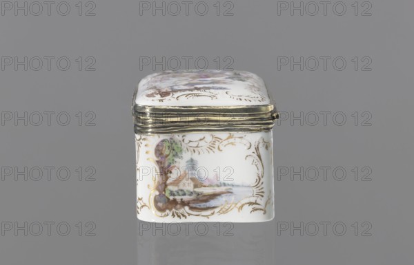 Snuffbox tin, Koenigliche Porzellain Fabrique, Meissen 1710–1763. Tall rectangular snuffbox with rounded corners, flatly arched lid bound in metal gilt silver? on hinges. Around the edges of the side walls, lid, and bottom are gilded rocaille frames for colorful miniatures with animal fairy tales: 1 a squirrel and a pug in a bonnet and cape, smoking pipes and drinking coffee, with a landscape and architecture in the background; 2 a dog as a hunter with a pipe and two hares on a leash, landscape background; 3 drunken animals feasting at a table with a pulled tablecloth: a goose, a wild boar, and a fox, with landscape background; 4 a parrot on a pole beside a cage, with landscape background. In the reserves on the side walls are miniature waterside landscapes. Inside the lid is a colorful miniature portrait of a young lady in a cape, half-length, against beige drapery partially obscuring a column. The miniature is painted in pastel colors in a pointillist style, dated to the third quarte...