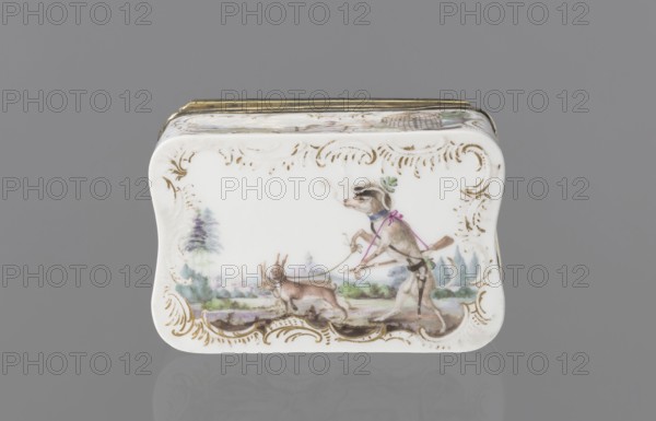 Snuffbox tin, Koenigliche Porzellain Fabrique, Meissen 1710–1763. Tall rectangular snuffbox with rounded corners, flatly arched lid bound in metal gilt silver? on hinges. Around the edges of the side walls, lid, and bottom are gilded rocaille frames for colorful miniatures with animal fairy tales: 1 a squirrel and a pug in a bonnet and cape, smoking pipes and drinking coffee, landscape with architecture in the background; 2 a dog as a hunter, with a pipe and two hares on a leash, landscape in the background; 3 drunken animals feasting at a table with a pulled tablecloth: a goose, a wild boar, and a fox, with a landscape in the background; 4 a parrot on a pole, next to it a cage, with a landscape in the background. In the reserves on the side walls are miniature landscapes by the water. Inside the lid is a colorful miniature portrait: a young lady in a cape, half-length, against beige drapery partially obscuring a column. The miniature is painted in pastel colors in a pointillist style,...