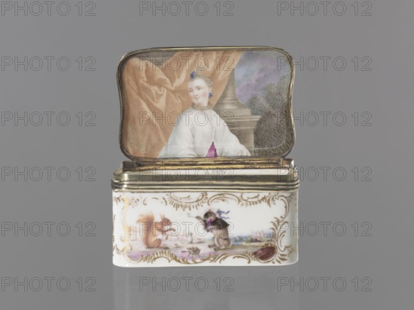 Snuffbox tin, Königliche Porzellan-Fabrique, Meissen 1710–1763. Tall rectangular snuffbox with rounded corners, flatly arched lid bound in metal gilt silver? on hinges. Around the edges of the side walls, lid and bottom are gilded rocaille frames for colorful miniatures with animal fairy tales: 1 a squirrel and a pug in a bonnet and cape, smoking pipes and drinking coffee, with a landscape and architecture in the background; 2 a dog as a hunter, with a pipe and two hares on a leash, landscape background; 3 drunken animals feasting at a table with a pulled tablecloth: a goose, a wild boar, and a fox, landscape background; 4 a parrot on a pole beside a cage, landscape background. In the reserves on the side walls are miniature landscapes by the water. Inside the lid is a colorful miniature portrait of a young lady in a cape, half-length, against beige drapery obscuring a column; painted in pastel colors in a pointillist style. Dated to the 3rd quarter of the 18th century, Saxony, Meissen...