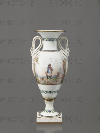 Amphora vase, Imperial Porcelain Factory in St. Petersburg 1744–1917, genre miniatures, genre scenes in landscapes, rural landscapes. Amphora vase with an ovoid body and a slender neck that flares upward. Slender, tall foot on a square plinth. Two handles in the form of swans. The neck, foot, and lower part of the body are decorated with a colorful trail of small flowers. On the belly, two miniatures depicting rural landscape scenes: a woman doing laundry, leaning over a tub of laundry placed on a low table while a man with a dog watches her; two men with their arms around each other, one holding a bottle, the third leaning forward in the background. Early 19th century, St. Petersburg, Russia. Figurine/vase. Height 26.5 cm, width 11.0 cm, depth 9.0 cm., A white porcelain vase with a flared rim and a pedestal base, decorated with gold trim and blue and green floral garlands; it has a pair of swan-shaped handles in white with gold accents and a painted pastoral scene on the body showing ...