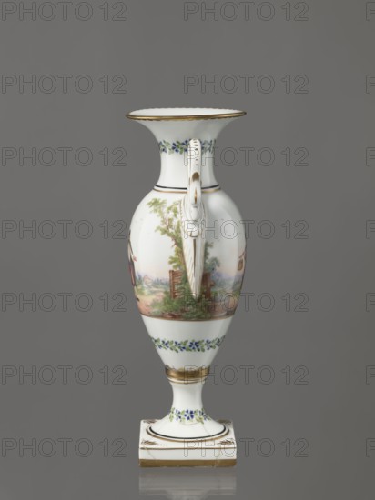 Amphora vase, Imperial Porcelain Factory in St. Petersburg 1744–1917. Amphora vase with an ovoid belly, slender neck flaring at the top, high foot on a square plinth. Two handles in the form of swans. Colorfully painted: trails of small flowers on the foot, neck, and lower part of the belly. On the belly, two miniatures depicting genre scenes in a rural landscape: a woman with a pole water carrier siudy, koromyslo and a couple with a dog. Base cracked and glued. Early 19th century, Russia, St. Petersburg. Figurine/vase. Height 26.5 cm, width 11.0 cm, depth 9.0 cm., A white porcelain ewer with a flared rim and a narrow neck widening into an ovoid body stands on a square base; it has a sculpted handle shaped like a stylized swan or curved motif running from rim to shoulder, and the rim, base edges, and some decorative bands are highlighted in gold. The body and neck feature painted floral garlands in blue and green, and a painted pastoral scene with green trees, brown fencing, and muted ...