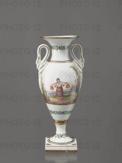 Amphora vase, Imperial Porcelain Factory in St. Petersburg 1744–1917. Genre miniatures, genre scenes in landscapes, amphoras, plant decoration, water carriers, water. Amphora vase with an ovoid belly. Slender neck, flaring at the top, high foot on a square plinth. Two handles in the form of swans. Colorfully painted: trails of small flowers on the foot, neck, and lower part of the belly. On the belly, two miniatures depicting genre scenes in a rural landscape: a woman with a pole water carrier siudy, koromyslo and a couple with a dog. Base cracked and glued. Early 19th century, Russia, St. Petersburg. Figurine, vase. Height 26.5 cm, width 11.0 cm, depth 9.0 cm., A white porcelain urn with a glossy finish stands against a plain gray background, featuring a flared rim and a pedestal foot on a square base; the urn has curved handles shaped like stylized swan heads and is decorated with painted scenes and floral garlands. The central painted scene shows a person wearing a multicolored dres...