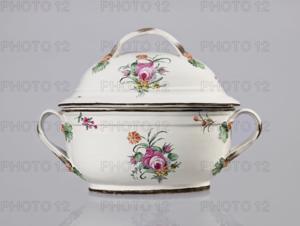 Vase with lid, Prószków Slaski faience factory 1763–1853. Egg-shaped soup tureen with a lid in the form of a flattened ellipsoid/hemisphere. Handles of the vase and lid are in the form of two crossed ribbons. Decorated with small painted floral projections and large bouquets of multicolored flowers. On both sides of the vase and lid are bouquets of flowers with a pink rose. Handles adorned with vermilion daisies with large green leaves. Rim of the vase and cover painted brown. Ca. 1785. Province of Silesia Silesia, Prószków Slaski. Vessel. Height 25.5 cm; length 35.5 cm., A white ceramic lidded tureen with a curved handle on top and two looped side handles, all showing subtle brown brush accents, decorated with floral motifs in pink, green, orange, yellow, and touches of blue, sitting on a reflective surface against a pale gray background.