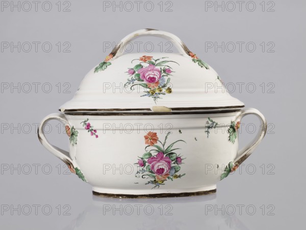Vase with lid, Prószków Slaski faience factory ca. 1785, 1763–1853. Egg-shaped soup tureen with lid in the form of a flattened ellipsoid/hemisphere. Handles of the vase and lid are two crossed ribbons. Decorated with small painted floral sprigs and large bouquets of multicolored flowers; on both sides of the vase and lid are bouquets with a pink rose. Handles are adorned with vermilion daisies with large green leaves. Rim of vase and cover painted brown. Province of Silesia Silesia, Prószków Slaski. Vessel; height 25.5 cm, length 35.5 cm., A white ceramic lidded tureen with a curved handle on the lid and two looped side handles, decorated with painted floral motifs including pink and purple roses, orange and yellow flowers, and green leaves; the rim and handles show brownish accents and wear, and the piece sits on a shallow base against a pale gray background.