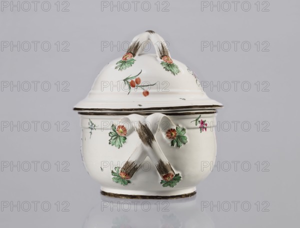 Vase with lid, Prószków Slaski faience factory 1763–1853, ca. 1785. Egg-shaped soup tureen with a lid in the form of a flattened ellipsoid/hemisphere. Handles of the vase and lid are formed as two crossed ribbons. Decorated with small painted floral projections and large bouquets of multicolored flowers; on both sides of the vase and lid are bouquets with a pink rose. Handles adorned with vermilion daisies with large green leaves. Rim of the vase and cover painted brown. Porcelain/faience vessel; height 25.5 cm, length 35.5 cm. Province of Silesia Silesia., A white ceramic lidded pot with a rounded shape and a domed lid sits against a pale gray background, decorated with hand-painted floral motifs in green, red, pink, and orange; the pot has a curved handle on top and crossed ribbon-like handles on the front finished with brown brushstroke accents, and there are thin brown painted bands around the lid rim and base.