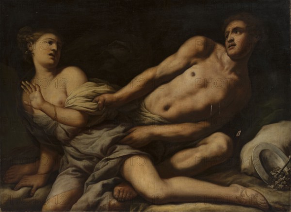 Myrrh and Kinyras, Zanchi, Antonio 1631-1722 painter, Italian painting, mythological scene, 2nd half of the 17th century - 1722, painting, height 115 cm, width 158 cm, A painted scene shows a partially clothed woman and a partially clothed man reclining against a dark background. The woman is on the left with pale skin, light brown hair pulled back, and a light-colored draped cloth slipping off one shoulder; her expression appears surprised and her hand is raised. The man is on the right with tan skin and short dark hair, leaning back with an arm extended toward the woman and the other arm and torso exposed; he looks away from her. A group of flowing drapery in shades of off-white, beige, and gray covers parts of both figures, and there are areas of shadowy dark brown and black in the background. The visible colors include flesh tones, beige, off-white, gray, dark brown, black, and hints of green. A pale hat and a small cluster of pale objects lie near the lower right corner.