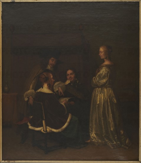 Reading a letter, Borch, Gerard ter, II 1617-1681 painter workshop, interiors, genre scenes, Dutch painting, genre painting, 17th century, painting, height 72 cm, width 64 cm, A dimly lit indoor scene shows a group of people gathered near a tall piece of furniture in the background. A standing woman on the right wears a long shiny gown in golden and cream tones and has her hair styled with a small decorative element; her hands are clasped near her chest. Three men sit and stand to the left, wearing dark clothing with white collars and cuffs and one with a dark wide-brimmed hat; one seated man has a dark cloak trimmed with white fur and sits on a dark wooden chair, another man leans forward pointing at an object being held, and a third man looks on with a contemplative expression. The room includes a small table with a pale vessel and warm brown and ochre tones in the background, and the overall palette features deep browns, dark greens, black, cream, gold, and muted reddish accents.