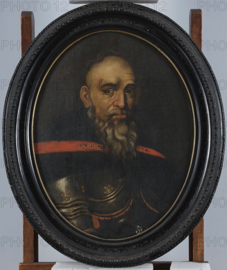 Portrait of Stefan Czarniecki 1599–1666, Field Hetman of the Crown, unknown painter. Shown in bust, right hand visible up to the elbow, turned 3/4 to the right; an older, slim man looking straight ahead. Face with high bald or shaved, wrinkled forehead, a single dark curl at the back of the head combed to the side, and a wavy gray beard. Dark wavy eyebrows, dark gray eyes, rimmed with a straight nose, and only a lower red lip visible under a short gray mustache. Dressed in shiny black armor with ochre rivets and fittings on the shoulder and breastplate; a narrow strip of red fabric protrudes from under the breastplate. A red delia with a large black fur collar is thrown over the shoulders, fastened under the chin with a long clasp of square cabochons. Background black and smooth. On the lower right, fragment of a white inscription: Stefan | C.... 18th century, Poland, painting., An oval framed painted portrait of an older man with a long gray beard and mustache, light skin, and a partl...