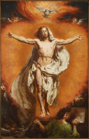 Ascension, Jan Matejko 1838–1893. Against the background of a red-orange burning heart, a youthful Christ with stigmata stands frontally, arms spread wide, wrapped on his back and around his hips in a white perizonium. His head is slightly bowed to the right shoulder, his gaze directed at the viewer., Above Christ's head, against a cloud of flames, a white Dove of the Holy Spirit hovers. Around the heart are four small angel heads with wings. In the lower corners are two angels: at left, an angel's head turned to the right with the instruments of the Passion of Christ in front of it; at right, a bust seen from the back of an angel in a green robe supporting with both hands a gray stone slab from a demolished grave. The corners of the composition are black. 1884, Bielany. Painting; height 103 cm, width 66.8 cm; with frame: height 114 cm, width 77 cm, thickness 6.5 cm., A central male figure with long brown hair and a beard is shown floating with arms outstretched, draped in flowing whit...