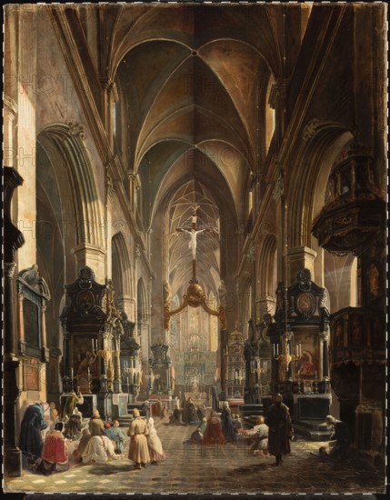 Interior of the Church of the Virgin Mary in Kraków, Gryglewski, Aleksander 1833–1879, painter, 1858, painting, A large interior scene of a vaulted church with tall arches and ribbed ceiling in shades of brown, tan, and muted gold, with a central aisle leading toward a distant ornate altar area illuminated by warm light; a prominent crucifix suspended above the nave in pale tones stands near the center, flanked by dark wooden altarpieces and carved panels in deep browns and black with gilded accents; several groups of people in period clothing in muted colors such as brown, beige, blue, red, pink, and white are kneeling, standing, and walking along the tiled floor in patterned gray and brown; candle holders and chandeliers with golden highlights are attached to the columns and altarpieces, and decorative sculptural elements and architectural moldings in beige and stone gray line the soaring pillars on either side.