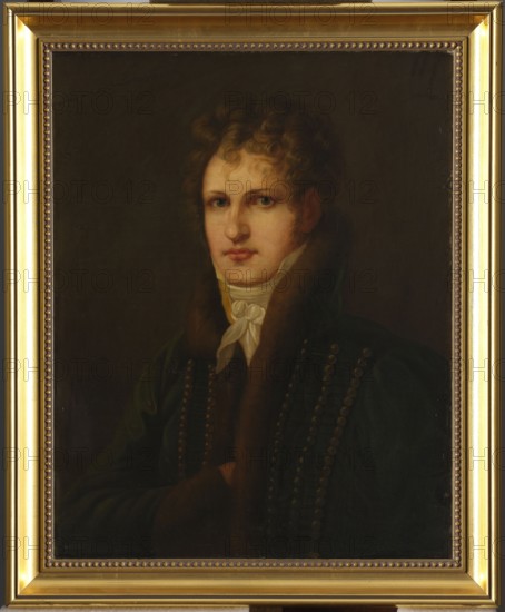 Portrait of Wlodzimierz Potocki 1789–1812, unknown Polish painter; after 1812. Shown to the bust, turned three-quarters to the left, looking straight ahead. A young, slender man with short blond hair combed over his face, with his right hand tucked into the lapel of a dark green uniform with a high stand-up collar and braided front. On each field, three vertical rows of round ochre buttons, between which black threads are laced horizontally. A white cravat is worn under the chin. The background is dark green, smooth. Smoothly painted, slightly idealized. Painting; Poland. Height 65.5 cm, width 52.3 cm. Maker: Brodowski, Józef 1781–1853 attributed/original author noted. Iconography: Potocki, Wlodzimierz 1789–1812; portraits of men; Napoleonics., A painted portrait of a person with light skin and curly brown hair wearing a dark green coat with a fur collar and a white neck scarf, shown from the chest up against a dark brown background; the subject has a neutral expression and is framed b...