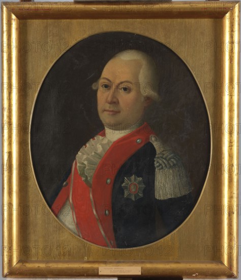 Portrait of Teodor Potocki 1730–1812, unknown Polish painter. Shown in a bust, turned three-quarters to the left, facing the viewer: an approximately 50-year-old, slightly obese man in a small powdered wig, wearing a red and navy blue uniform with wide red trim at the front that merges into a low stand-up collar, a silver epaulette on the left shoulder, and a white shirt with a jabot. He wears a ribbon—red with white edge stripes—and the star of the Order of St. Stanislaus . Black background. The subject's face is oval with a double chin, fair complexion, dark blue eyes, and a small, thin-lipped mouth. Oval in rectangle. Bar Confederation 1768–1772, portraits in oval; generals, military men; men's portrait; orders, uniforms; Potocki family; Potocki, Teodor 1730–1812 — iconography. 1785–1789, Poland. Oil painting, 66 × 55 cm., An oil portrait of a man shown from the chest up inside an oval frame, wearing a dark coat with a bright red sash and a white ruffled collar; he has pale skin, po...