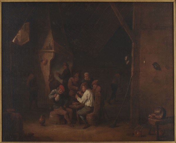 At the Inn, Teniers, David II 1610-1690 painter copy, visual documentation, painting, genre scene, inns, Flemish painting, copies, 18th/19th century, painting, height 68.5 cm, width 84.5 cm, A dimly lit interior scene shows a group of people gathered around a small wooden table beneath a steep, dark ceiling, with a few seated figures on wooden stools and barrels and several standing figures clustered near a large hearth; the colors visible include deep browns, dark reds, muted ochres, soft creams, and touches of black, with a few red hats and a pale shirt standing out against the shadowed background, and various earthenware jugs and bowls in brown tones scattered on the floor and on a small table at the right, a long pole leaning against a wooden post, and a small framed opening in the upper left revealing a lighter patch beyond.