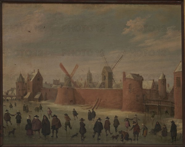 Sligawka, Verstraelen, Anthonie 1594-1641 painter, Priority 2 - visual documentation, Dutch painting, rinks, winter landscapes, painting, 17th century, height 57.5 cm, width 72.8 cm, A winter town scene showing a group of people gathered on a frozen surface in front of a fortified brick wall and buildings, with windmills visible behind the wall; the people wear dark clothing with cloaks and hats in colors including black, brown, dark purple, and muted green, and some figures wear lighter accents such as pale pink and beige; small dogs and a few seated figures are present on the ice; the sky above is a mix of muted blue and gray with pale warm beige and soft white clouds, and birds are visible in the sky; the architecture and walls are mostly reddish-brown and brick-colored with touches of pale gray and off-white on rooftops, and a wooden bridge and darker wooden details appear near the right side.