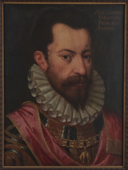 Portrait of Alexander Farnese, unknown Netherlandish painter; Netherlandish painting, portrait of a male; oil on panel, ca. 1590; height 44.5 cm, width 33.5 cm., A painted portrait of a man from the chest up wearing a high pleated white ruff and ornate armor partially covered by a draped red cloth; he has a dark beard and mustache, dark hair, and a fair-skinned face with visible cheek and forehead tones, and his expression is neutral. The armor shows gold decorative elements and dark metallic panels, and the red drapery has gold trim. The background is dark, and the image is framed by a thin wooden frame with brown tones. Colors visible include white, red, gold, dark brown, black, and flesh tones.