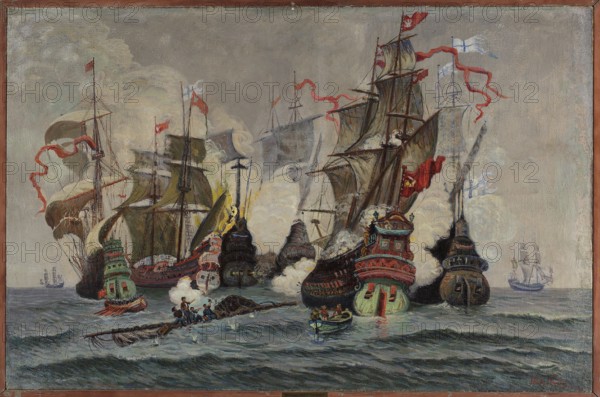 The Battle of Oliwa, November 28, 1627, Nalecz, Wlodzimierz Jan 1865–1946, painter; 1927, painting, height 92 cm, width 141 cm, A painted scene shows a group of large sailing ships on a choppy sea, their tall masts and billowing sails in shades of beige, tan, and muted brown, with some sails appearing darker olive and green. Several ships display flowing red ribbons or banners, and a few banners in pale blue tones. The ships have ornate sterns with visible decoration in green, red, and gold hues, and dark hulls ranging from deep brown to black. White and gray smoke or spray rises around some vessels, and a few small rowboats with figures are in the water near the ships; the rowboats are painted in muted greens and browns and the figures wear darker clothing in blue and brown tones. The sky is overcast in gray and pale taupe, and the sea is rendered in various greens, blues, and grays with white highlights on the waves. A narrow wooden frame in reddish-brown surrounds the image.