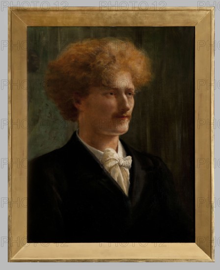 Portrait of Ignacy Paderewski 1860–1941; painted 1891 by Louise, Duchess of Argyll 1848–1939. Oil painting, modernist style; iconography: Ignacy Jan Paderewski 1860–1941., A framed portrait of a person with curly reddish hair and a light mustache, shown from the shoulders up and turned slightly to the side; they wear a dark jacket and a light-colored scarf tied at the neck. The painted background is dark with greenish and brownish tones. The frame is a muted gold color and a pale beige outer edge. The visible colors include reddish-orange, light flesh tones, dark black, green, brown, gold, beige, and off-white.
