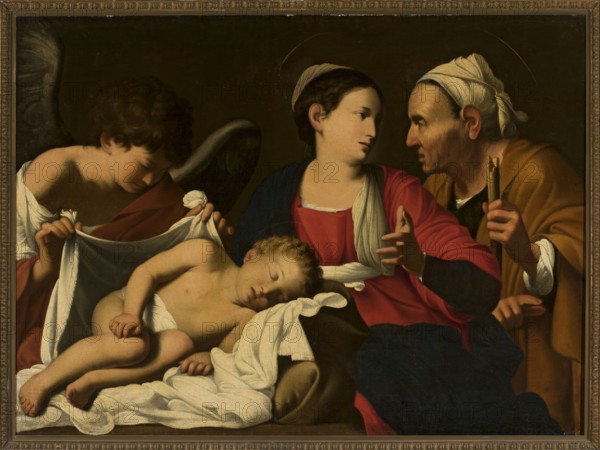 Virgin Mary with Child, St. Anne and an Angel, Saracens, Carlo ca. 1579–1620 painter workshop replica, religious scene, religious painting, Italian painting, Jesus Christ, angels, Anne saint, Mary mother of Jesus Christ, 1st quarter of the 17th century, oil painting, height 92.5 cm, width 127 cm, A framed painting showing a group of figures gathered closely around a sleeping child lying on white cloth; the child has light skin and curly light brown hair and appears unclothed except for a white cloth covering part of the body. To the left, a young figure with dark curly hair and pale skin holds a white cloth and leans toward the child, wearing a garment with red and white visible and a dark wing behind them. At center, a woman with pale skin and dark hair pulled back wears a red outer garment with a dark blue inner garment and a pale head covering draped over one shoulder, her hand raised with fingers extended toward the older figure on the right. On the right, an older person with pale...