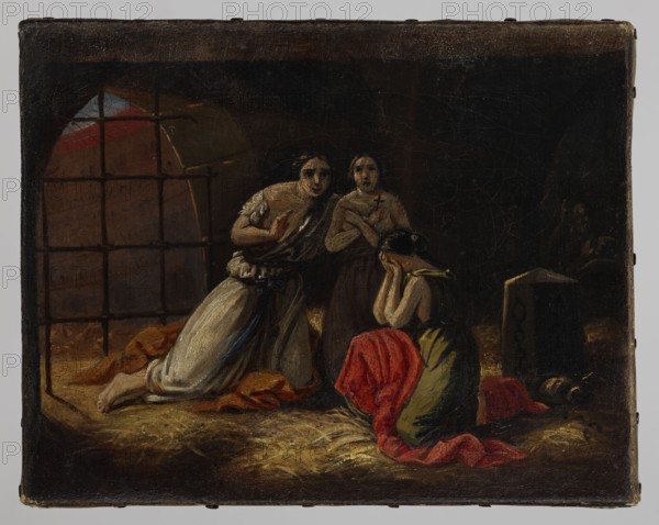 Blandyna the Martyr; painter: Boleslaw Rusiecki 1824–1913; subject: Blandyna Saint, patron saint, martyr; Christian martyrdom; Marcus Aurelius 121–180, Roman Emperor 161–180 depicted; 2nd half of the 19th century; painting; height 19 cm, width 24 cm; revindication Vilnius., A dimly lit interior scene shows a group of figures on a rough straw-covered floor near a barred window; a few figures wear garments in muted tones including white, brown, green, and a bright red cloth draped and pooled on the floor. One figure in white kneels with hands near the chest, another stands beside with a darker brown dress and a hand holding a small cross-shaped object, and a seated figure in green has their face buried in their hands with the red cloth over their lap. The background is dark with deep brown and black shadows, a pale arched window frame reveals a faint exterior with reddish and bluish tones, and a rectangular stone block or tomb nearby shows a weathered surface. The overall palette include...