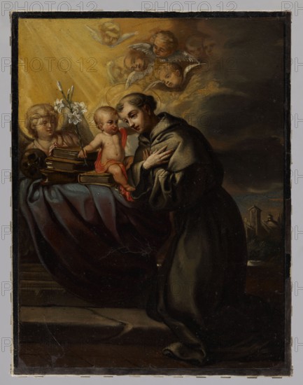 Saint Anthony of Padua; Boleslaw Rusiecki 1824–1913, painter; 2nd half of the 19th century; painting; height 35 cm, width 27 cm; repossession Vilnius., A painted scene showing a man in a dark robe kneeling with hands crossed over his chest, facing a small child seated on a draped surface; the child wears a red cloth and reaches toward the man. Nearby is a young figure with pale skin and light hair holding white flowers and positioned beside a stack of books. Several cherubic faces with wings appear in the upper area, surrounded by golden light rays that contrast with darker brown and gray clouds. The foreground drapery shows deep reds and blues, and the lower area includes dark browns and blacks suggesting a floor. Hints of green and muted browns appear in a distant landscape at the right edge. Overall colors visible include gold, yellow, red, blue, brown, gray, black, white, and green.