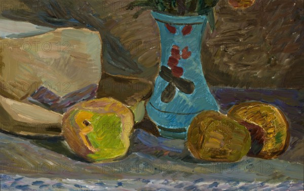 Blue Vase, Zygmunt Waliszewski 1897–1936 painter, ink and/or paint on canvas, contemporary painting, Paris Committee artistic group; 1924–1934, interwar period, still life of vases, 1936, Poland; painting, height 29 cm, width 45 cm., A still life painting shows a blue vase with darker blue accents and red decorative shapes, flanked by a few round fruits in shades of green, yellow, brown, and orange with visible brushstrokes; a pale beige bowl sits to the left with muted purple and brown shadows. The background and tabletop are rendered in earthy browns, deep blues, purples, and grayish tones, with layered strokes of green and ochre throughout. The overall scene features textured paint application and a palette of blue, green, yellow, brown, orange, beige, purple, and gray.