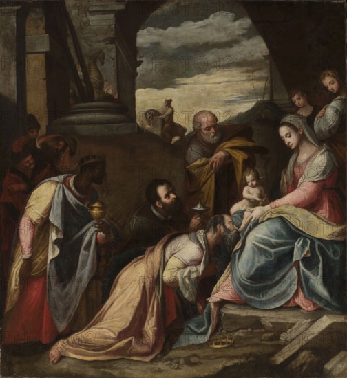 Adoration of the Magi, unknown painter; Federico Zuccaro ca. 1541–1609 workshop; Adoration of the Magi iconography; religious painting; religious scenes; New Testament; Italian painting; 2nd half of the 16th century; painting; height 114.5 cm, width 104.5 cm, A group of people arranged in a dim interior and exterior setting with an archway opening to a cloudy sky; a seated woman wearing garments in pink, blue, cream, and gray holds a small infant wrapped in pale flesh tones while several figures kneel and lean toward them, one kneeler wearing a flowing gown in cream and pink and another holding a shallow dish, both with darker cloaks in brown and gray; an older man with a beard and a yellow-brown cloak looks on from behind, and a dark-skinned figure in a crown and rich robes in red, blue, cream, and gold carries a vessel; additional attendants in muted reds, browns, and grays stand nearby, and a few architectural elements in stone-gray and beige are visible along with a small object on...
