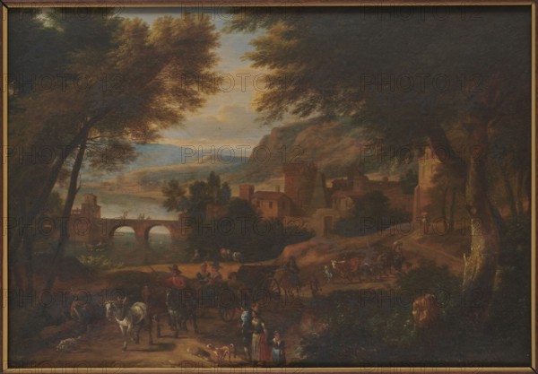Landscape, Boudewijns, Adriaen Fransz. 1644–1719 painter, buildings, bridges architect, deposit provenance, horses, trees, carriages, Flemish painting, rivers, Priority 2 - visual documentation, landscapes, 17th/18th century, painting, height 33.3 cm, width 47 cm, A painted landscape scene shows a village by a river with a stone arched bridge spanning the water; the composition is framed by large trees with dense foliage on both sides, their leaves in shades of green and brown. In the middle distance there are clustered buildings and towers in earthy brown and ochre tones set against rolling hills and a pale sky with soft blue and warm yellow clouds. In the foreground a dirt road winds past figures and animals: a group of people wearing garments in muted reds, blues, and browns stand and walk, some near a cart drawn by dark horses, others leading a white horse. A few dogs move near the people. Vegetation in the foreground includes bushes and grasses in deep green and brown, and a tree ...