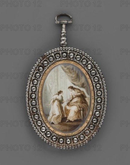 Classicizing genre scene medallion by an unknown painter. Two women in a chamber interior with pinned-up draperies, elongated slender silhouettes in flowing white floor-length dresses à l'antique with raised waists, long curly hair over their shoulders; fragment of white wainscoting in the background. Entire work in ash-sepia tones. Chiseled metal frame, glazed on both sides, beige fabric visible on the reverse. Dated 1790–1900. Miniature, height 4.5 cm, width 3.1 cm., An oval pendant with a metallic loop and beaded stem at the top, the pendant framed by a double border of metallic beads and faceted metallic stones, surrounding a central oval painted scene under glass; the scene shows a group of two women in flowing dresses on an interior setting with drapery, one seated on a chair and the other standing and leaning forward, rendered in soft tones of beige, brown, cream, and muted green, with highlights of gold on the inner frame and metallic silver and gray on the outer frame.
