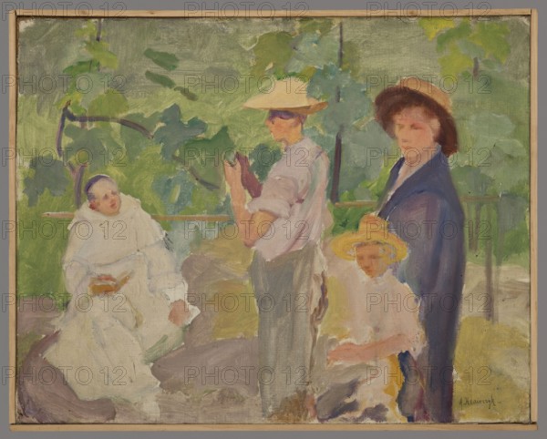 In the Garden - Fragment from Fiesole, Krawczyk, Aleksander 1882-1949 painter, 1914, painting, height 37 cm, width 47 cm, A painted scene shows a group of people outdoors with a leafy green background; a seated figure in white clothing with a pale face and dark hairband holds an object, a standing figure wearing a light-colored shirt and a straw-colored hat is turned in profile with visible arms, and a taller figure in a dark blue coat and brown hat stands near a child wearing light clothes and a bright yellow hat; the ground and surrounding areas show muted tones of gray, brown, and ochre, and the foliage and sky areas include various shades of green.