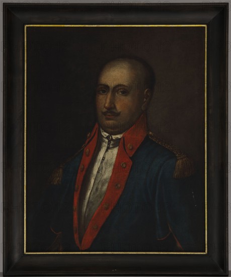 Portrait of the Opoczno Standard-bearer, unknown Polish painter, 1797, painting, height 67 cm, width 52 cm, A framed oil portrait of a man wearing a dark blue coat with a red lapel and gold shoulder decorations, a white shirt visible beneath; the man has a mustache, short hair, and a medium skin tone, with a neutral facial expression and direct gaze; the background is very dark, mostly black and deep brown; the frame is dark wood with a narrow gold inner trim; visible colors include dark blue, red, gold, white, brown, black, and flesh tones.
