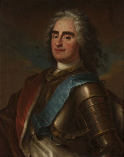 Portrait of Augustus II the Strong, Silvestre, Louis de 1675–1760 ; young painter copy, representative portraits, Order of the White Eagle, lion-style wigs, French painting, Augustus II the Strong king of Poland ; 1670–1733, male portraits, three-quarter portrait, Wettin family, after 1718, painting, height 82 cm, width 65 cm, A portrait of a person with pale skin and gray curly hair wearing a white neck cloth, a blue sash across the chest, and a suit of metallic armor on one shoulder; the figure also wears a red cloak draped over one side and a brown garment beneath, with a shadowed, muted brown and dark blue background and warm, flesh-toned facial coloring.