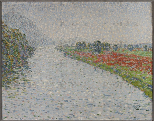 Riverside Landscape Ruhr near Hohensyburg, Christian Rohlfs 1849–1938, Karl-Ernst Osthaus 1874–1921, Ruhr river, rivers, landscapes, Hohensyburg Germany, modernism, ca. 1902, painting, height 72 cm, width 91.5 cm, A painted landscape showing a wide river flowing from the foreground toward the background with textured brushstrokes; along the left bank there is a densely colored slope with greens, dark greens, blues, and touches of yellow and red, while the right bank features a strip of bright green fields and a large area of red and orange flowers interspersed with green and blue foliage and a group of darker trees toward the background; the sky above is a pale, light blue mixed with off-white and cream tones, and the river surface reflects pale blues, grays, and scattered dabs of green and cream.
