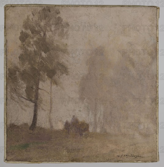 Slota, Wywiórski, Michal 1861–1926 painter, 20th century, painting, height 23.5 cm, width 23 cm, A muted landscape painting showing a group of tall, thin trees on the left and center with wispy foliage, a single prominent tree with a darker trunk and canopy on the left foreground, and a low cluster of shrubs near the middle foreground. The ground appears textured and uneven with areas of darker earth tones and a small patch of green. The overall palette is subdued with shades of brown, beige, tan, gray, and a little green, creating a soft, foggy or hazy appearance.