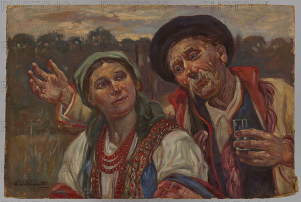 A pair of peasants, Wincenty Wodzinowski 1866–1940, painter; early 20th century; painting; height 36 cm, width 53.5 cm;, A painted scene showing a man and a woman close together, both wearing traditional clothing with layered garments; the woman has a green headscarf and multiple red bead necklaces and her blouse and vest show white, blue, red, and patterned details, while the man wears a dark hat and a coat with red trim and holds a small glass in one hand; their faces are rendered with warm flesh tones and visible brushstrokes, the man has a mustache and expressive features and the woman looks slightly to the side; a landscape background with muted brown, green, and gray tones and a cloudy sky frames the figures, and the overall palette includes red, green, blue, brown, white, gray, and touches of black.