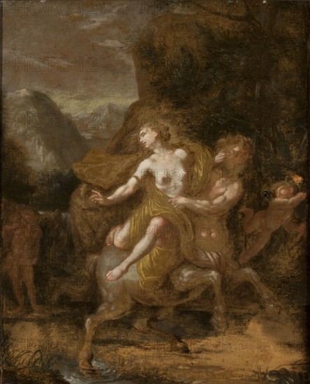 Nessos and Dejanira, French painter fl. 17th century, mythological scene, late 17th century, oil painting, height 49 cm, width 39 cm; subjects: Hercules, Nessos Nessus, Dejanira., A classical scene painted in muted browns, ochres, greens, and pale flesh tones shows a partially draped woman seated on the back of a centaur figure; her garment is golden yellow and her skin is light with pink highlights, and she reaches outward with one arm while looking to the side. The centaur has muscular human upper body in brown and tan hues and a horse lower body in grayish-brown, and a group of trees with deep green foliage rises behind them. A small winged child in pale flesh tones and warm browns floats nearby holding a dark object and an orange element, and a distant rocky landscape in grays and muted greens forms the background under a cloudy, brownish sky. The ground beneath shows wet, reflective water and earthy browns with scattered vegetation in dark green.