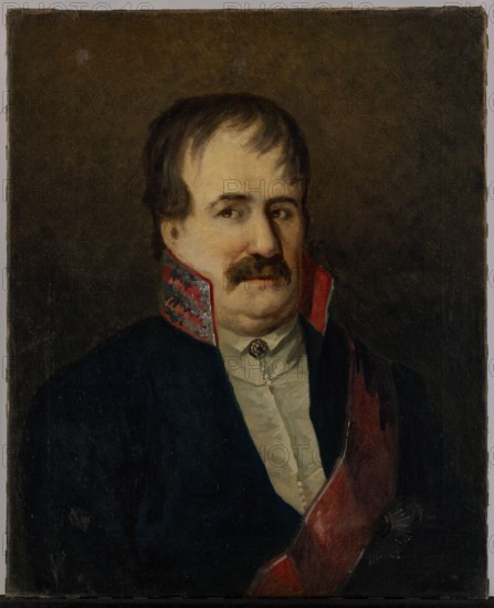 Portrait of Michal Odrowaz Strasza, unknown Polish painter, 1790–1810, painting, height 67 cm, width 54 cm, A painted portrait of a man shown from the chest upward against a dark brown background, wearing a dark blue coat with a high collar that has red and patterned trim, a pale cream shirt underneath, and a red sash across his chest; the man has pale skin, dark brown hair, a mustache, and brown eyes, and the overall color palette includes brown, dark blue, red, cream, and touches of black.