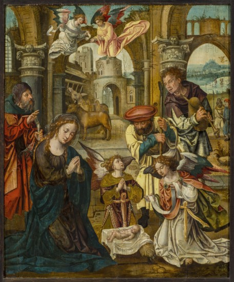 The Adoration of the Shepherds, Coecke van Aelst, Pieter 1502–1550 painter, religious scene depicting Jesus Christ, Joseph, Mary; includes architecture, oxen, shepherds, donkeys, angels; Netherlandish painting; ca. 1530–1535; painting; height 67.5 cm, width 56.5 cm; with frame: height 95 cm, width 81 cm, thickness 9.5 cm., A group of people and angels are gathered inside a stone building with arches and columns; a woman with light skin and braided hair kneels wearing dark green and brown robes with hands clasped, a baby lies on a cloth in front of her, and nearby two kneeling angels with wings wear colorful garments including white, green, pink, and gold; standing men in varied clothing include a bearded man in a red hat and beige coat, a man holding a musical instrument in muted purple and gray, and another older man in a red and green cloak; in the background a few animals including an ox are visible near architectural ruins with towers and arches, and above two hovering angels in wh...