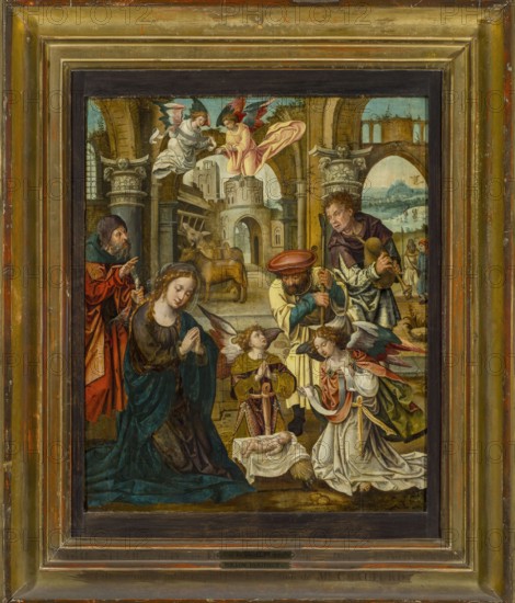 The Adoration of the Shepherds, Coecke van Aelst, Pieter 1502–1550 painter, religious scene depicting Jesus Christ, Joseph, Mary; includes architecture, oxen, shepherds, donkeys, angels; Netherlandish painting, New Testament; ca. 1530–1535; painting; height 67.5 cm, width 56.5 cm; with frame: height 95 cm, width 81 cm, thickness 9.5 cm., A painted scene framed by a wide gilded frame shows an indoor architectural setting with arches and columns and an open view to an exterior landscape. In the foreground a woman in a dark teal dress kneels with hands clasped near a small swaddled infant lying on cloth and straw; nearby a kneeling figure wearing a white and pink robe with wings holds a cloth and faces the infant, while a smaller winged child in a gold and red outfit also kneels with hands together. To the left a bearded man in a red robe watches, and behind the central group two men stand, one wearing a red cap and pale yellow garment holding a staff and the other in a darker tunic and c...