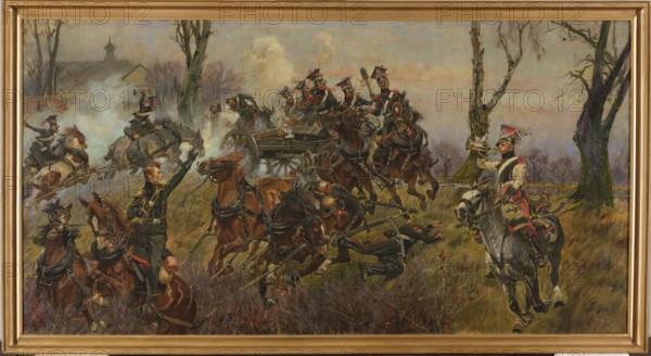 Battery on Fire - Raszyn, Kossak, Wojciech 1856-1942 painter, provenance unknown, Raszyn Masovian Voivodeship, horses, Battle of Raszyn 1809, army, military men, replicas, battle art, artillery, cannons, November Uprising 1830-1831. In the centre of the composition a six-horse artillery harness at a gallop. In the foreground on the left - the first horseman is turned towards the harness, with his left hand raised; the second horseman, shown closer to the center, falls from his horse. In the right foreground a trumpeter on a grey horse, in the background two leafless trees. In the center, in the background, a French cannon and a group of cannoneers, and on the left, the head of the next team is visible – four horses led by two riders. In the background, a grove and the silhouette of the church in Raszyn. 1913, Poland, painting, height 131 cm, width 250 cm, A painted scene shows a group of uniformed riders and teams of horses in a grassy, wooded landscape with a pale sky; the composition...