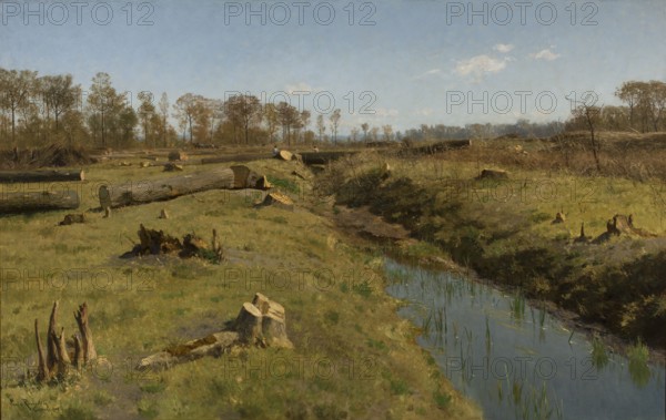 The Coming Spring, Ravenstein, Paul von 1854–1938 painter, modernism style, 1909, painting, A wide grassy landscape with a small reflective stream running alongside a sloped bank, bordered by patches of green and brown grass and reeds. A few large felled tree trunks and several stumps lie scattered across the field, with rough bark textures and exposed pale wood. In the distance a line of trees with sparse foliage stretches across the horizon beneath a pale blue sky with a few wispy clouds. The scene shows various shades of green, brown, tan, gray, and blue.