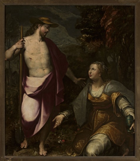 Christ as the Gardener and Mary Magdalene, Wenzel Coebergher 1561–1634, painter; biblical scene depicting the Resurrected Christ as the Gardener and Mary Magdalene; Netherlandish religious painting, late 16th century; oil painting, height 85 cm, width 74 cm; New Testament subject; iconography: The Resurrected Christ as the Gardener., A framed oil painting shows a man and a woman in a wooded outdoor scene. The man stands on the left wearing a wide-brimmed brown hat and a draped deep red and pale pink cloth around his waist and shoulder, holding a long staff; his bare torso and feet are visible and he has a small mark on his chest. The woman kneels or sits on the right wearing a golden-brown dress with patterned fabric, a pale gray-blue cloak, and light-colored sleeves and leggings; she holds a small turquoise vessel in one hand and gestures with the other while looking toward the man. The background contains dark green and brown trees with areas of reddish foliage and a dim, cloudy sky,...