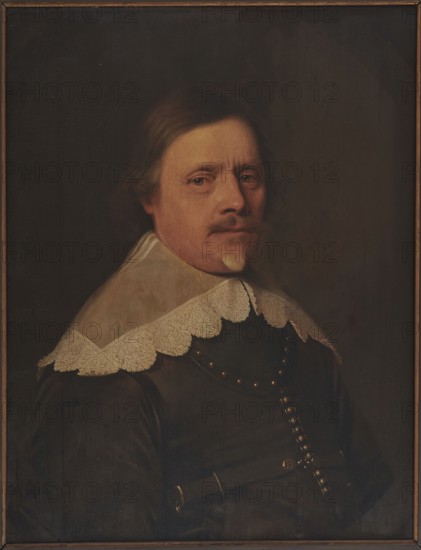 Portrait of a Man, Pieter Nason 1612–ca. 1688/1690, painter; Dutch painting; bust portrait of a male; clothing depicted; 1641; oil on panel painting; height 70 cm, width 54 cm; ., A painted portrait of a man shown from the chest up against a dark brown background, wearing a dark garment with metallic buttons and a decorative belt, and a large white lace collar with scalloped edges; his face and neck are illuminated with light skin tones, brown hair, a small pale goatee, and a neutral expression, with subtle reddish and beige tones in the cheeks and lips, and the overall image includes shades of dark brown, black, white, beige, tan, and hints of gold on the buttons and belt hardware.