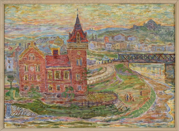 View from Wawel, Zygmunt Waliszewski 1897–1936, painter; contemporary painting, interwar period, 1932; subject: Wawel and Vistula riverside with bridges; style: waterside landscape; medium: painting; dimensions: 68 × 128 cm., A painted scene showing a large red brick building with a tall pointed tower and several peaked roofs beside a curving grassy embankment, with a bridge extending across a reflective body of water and a group of small human figures walking near the embankment; the sky is layered with streaks of yellow, orange, blue, and pale green, and the landscape beyond the building includes rolling green hills and clusters of pale colored buildings.